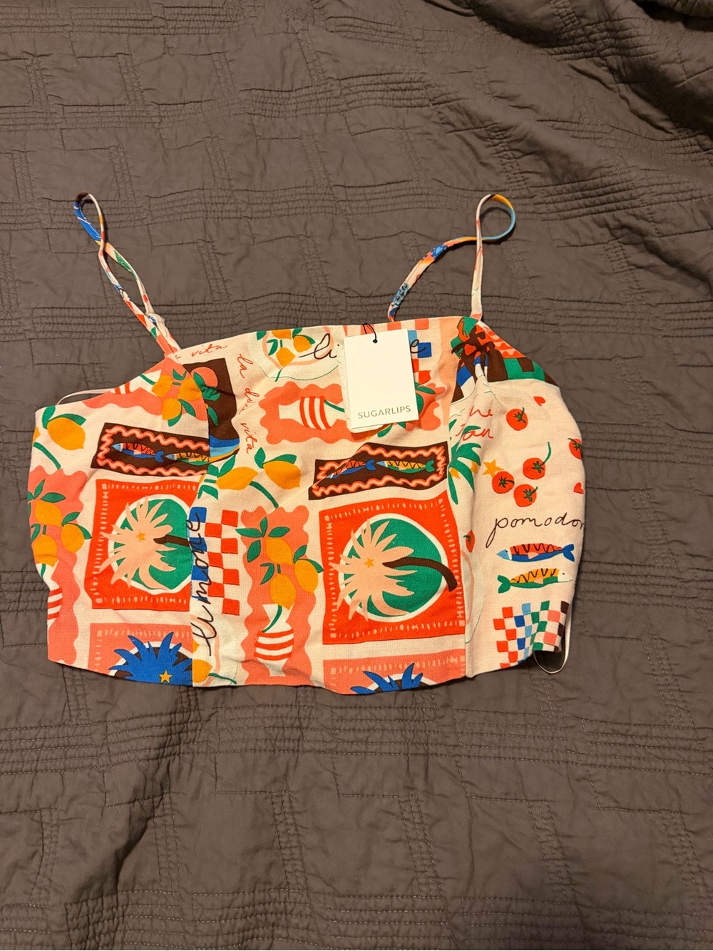 Sugarlips Coral & Multi-Color Printed Spaghetti Strap Crop Top